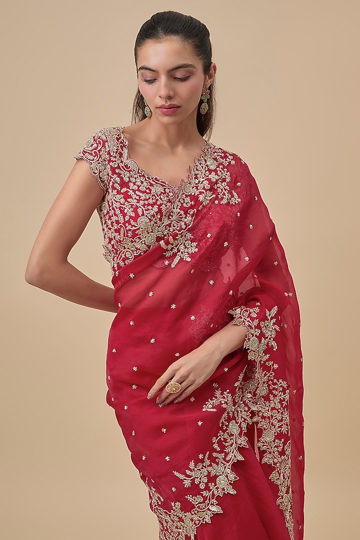 Red Chiffon & Organza Ruffled Bridal Saree Set by Anushree Reddy at Pernia's Pop Up Shop