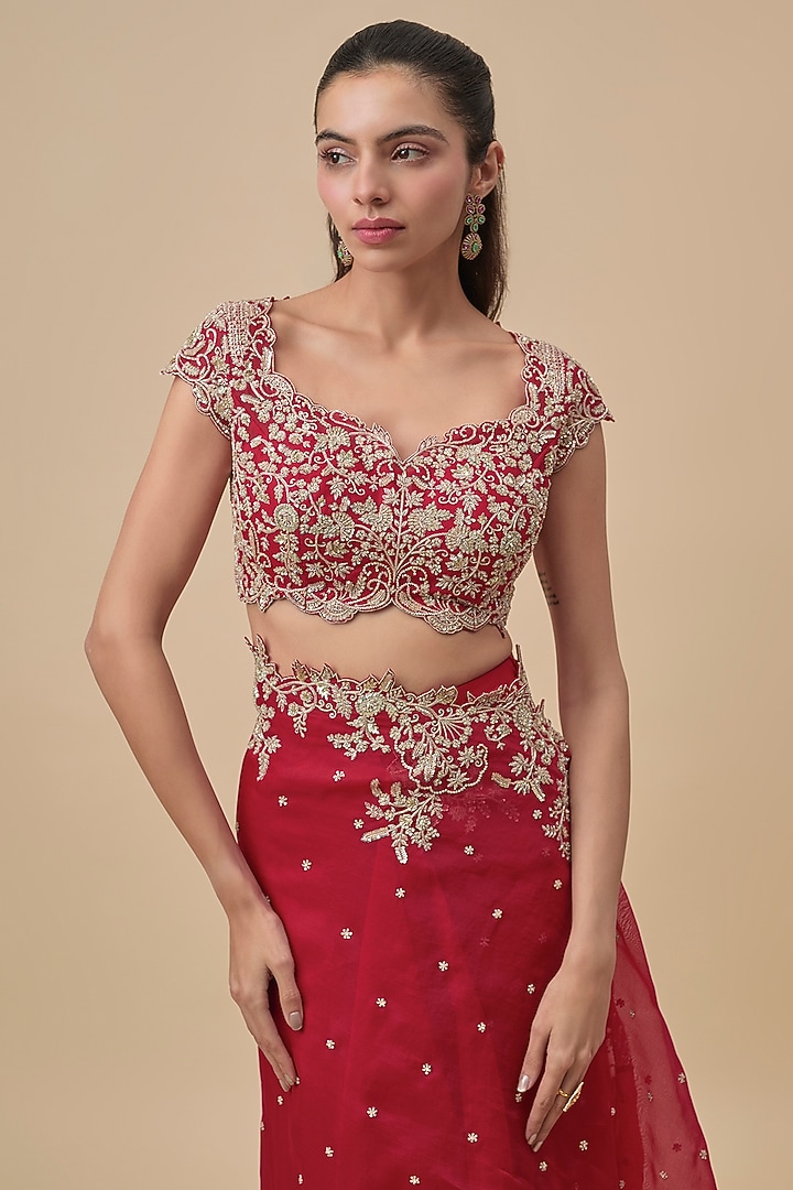 Red Chiffon & Organza Ruffled Bridal Saree Set by Anushree Reddy at Pernia's Pop Up Shop