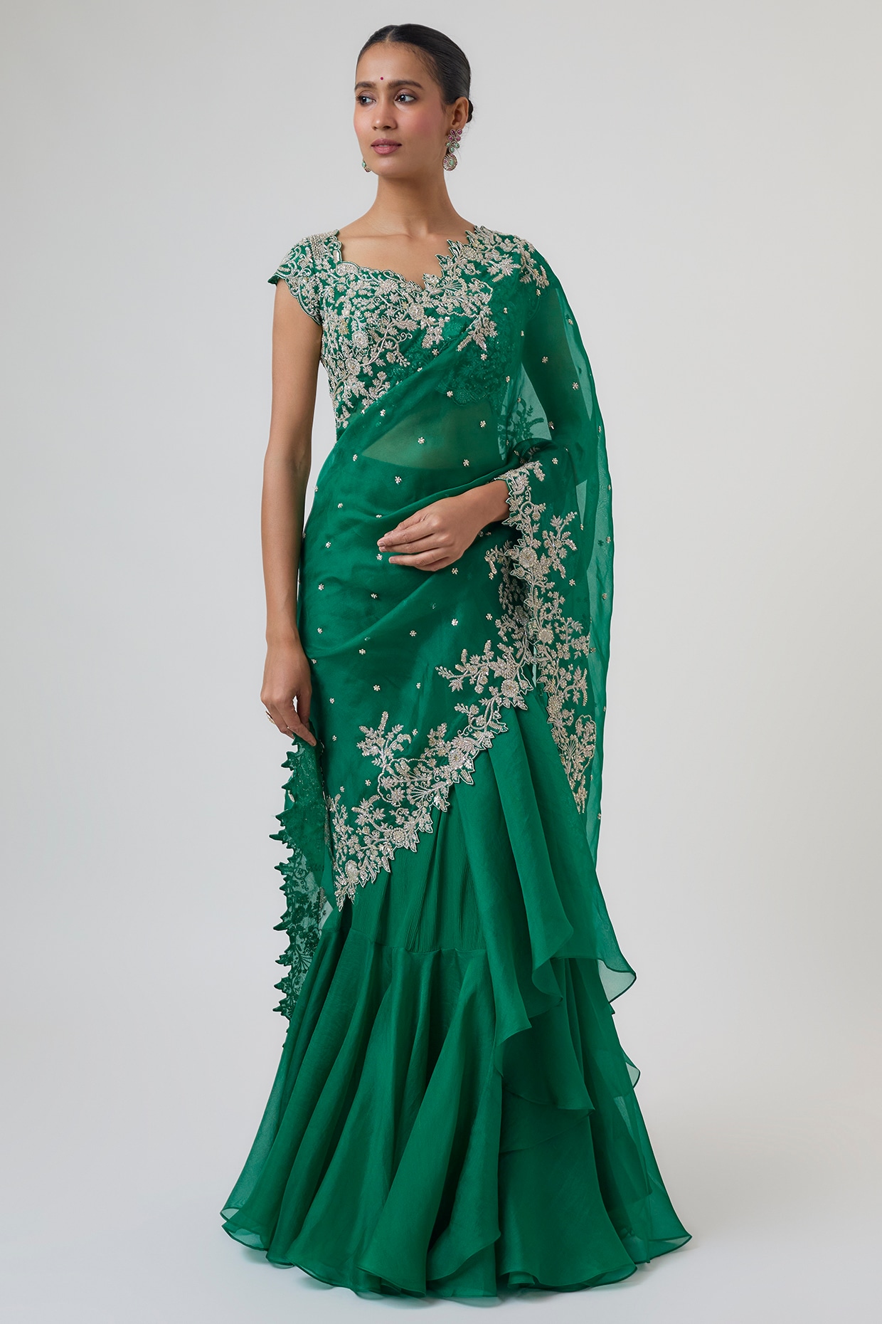 Anushree Reddy Emerald Green Organza Hand Embroidered Ruffle Saree Set