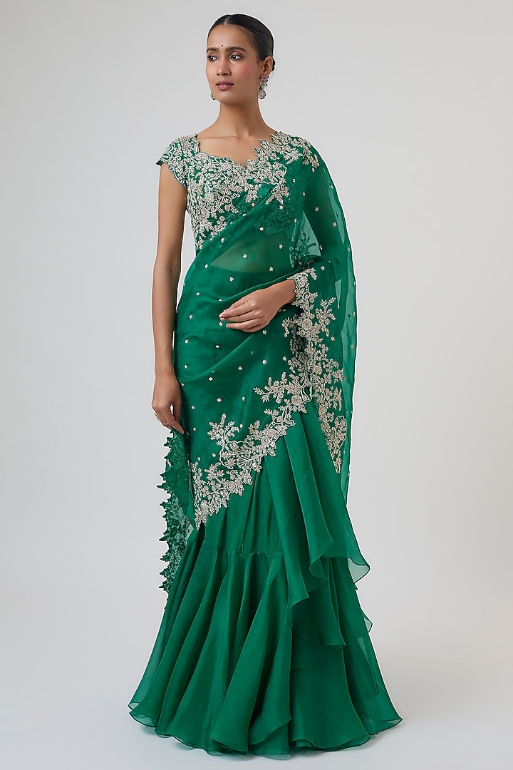 Emerald Green Organza Hand Embroidered Ruffle Bridal Saree Set by Anushree Reddy at Pernia's Pop Up Shop