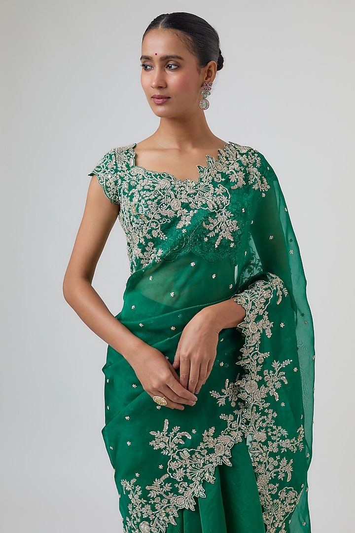 Emerald Green Organza Hand Embroidered Ruffle Bridal Saree Set by Anushree Reddy at Pernia's Pop Up Shop