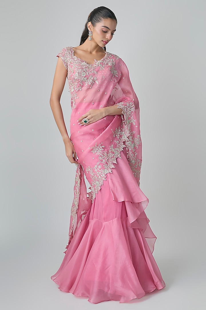 Lotus Pink Organza Hand Embroidered Ruffled Bridal Saree Set by Anushree Reddy at Pernia's Pop Up Shop