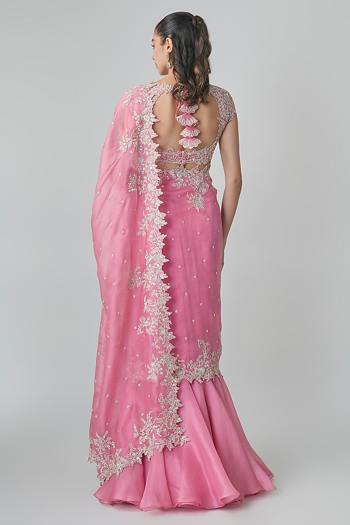 Lotus Pink Organza Hand Embroidered Ruffled Bridal Saree Set by Anushree Reddy at Pernia's Pop Up Shop