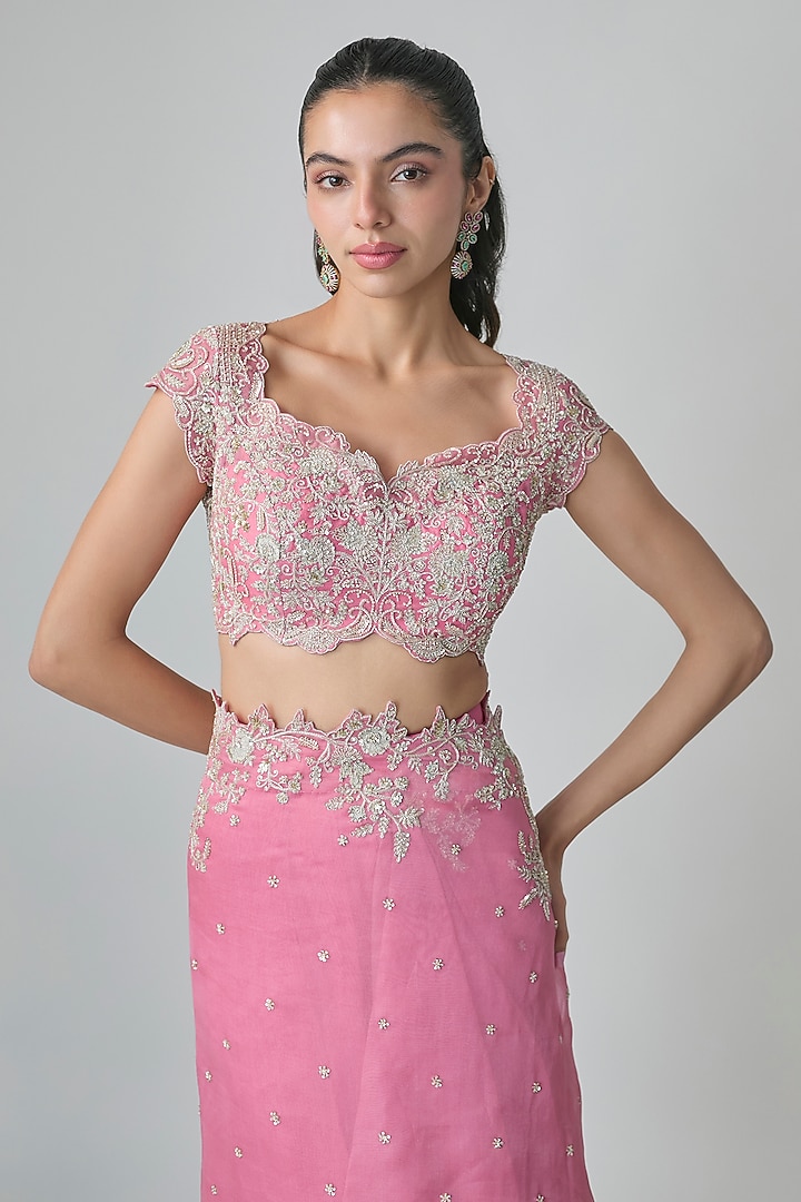 Lotus Pink Organza Hand Embroidered Ruffled Bridal Saree Set by Anushree Reddy at Pernia's Pop Up Shop