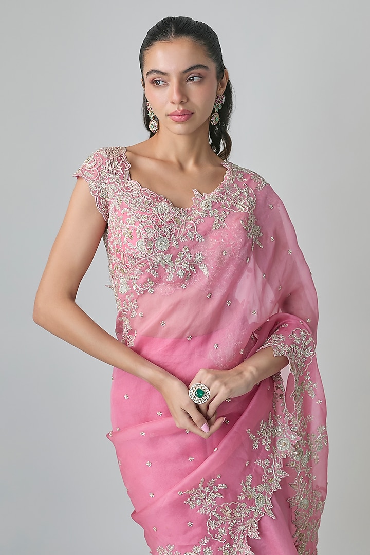 Lotus Pink Organza Hand Embroidered Ruffled Bridal Saree Set by Anushree Reddy at Pernia's Pop Up Shop