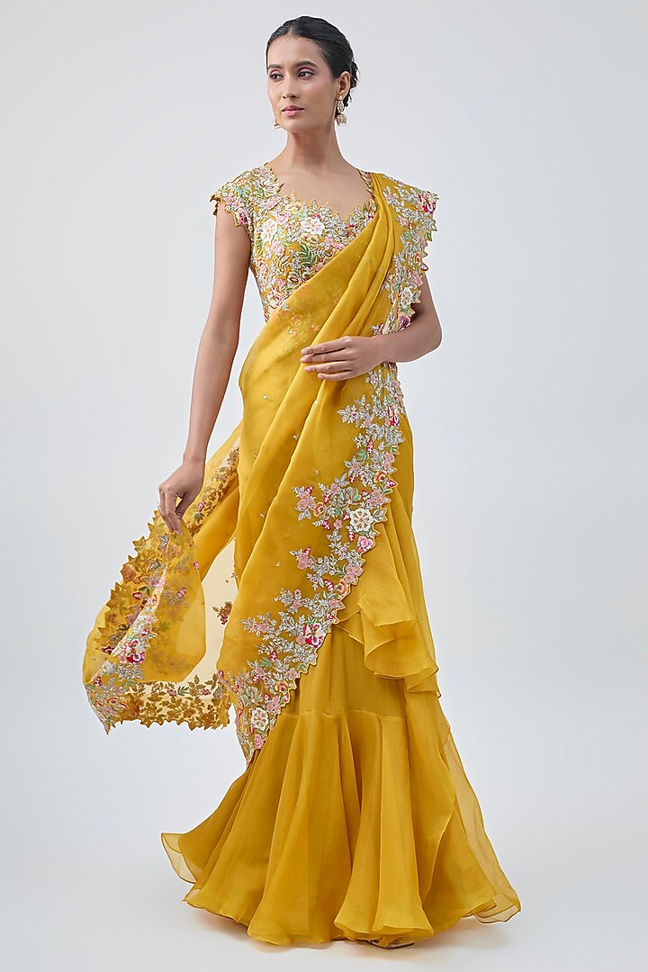 Mustard Organza Hand Embroidered Ruffled Saree Set by Anushree Reddy at Pernia's Pop Up Shop