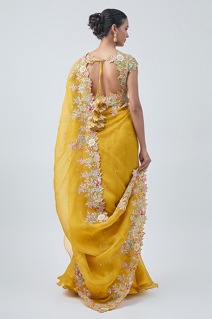 Mustard Organza Hand Embroidered Ruffled Saree Set by Anushree Reddy at Pernia's Pop Up Shop