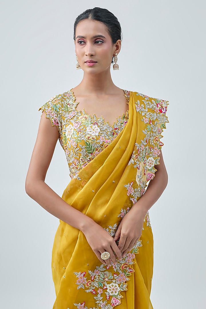 Mustard Organza Hand Embroidered Ruffled Saree Set by Anushree Reddy at Pernia's Pop Up Shop