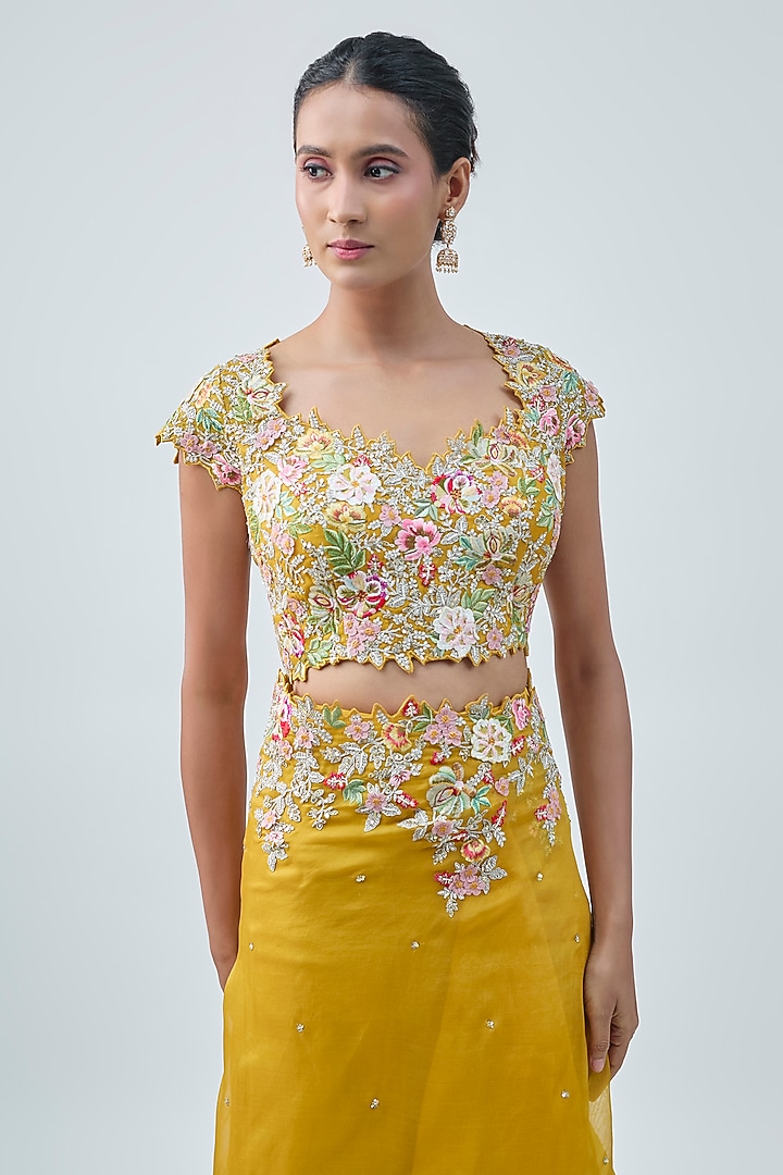 Mustard Organza Hand Embroidered Ruffled Saree Set by Anushree Reddy at Pernia's Pop Up Shop