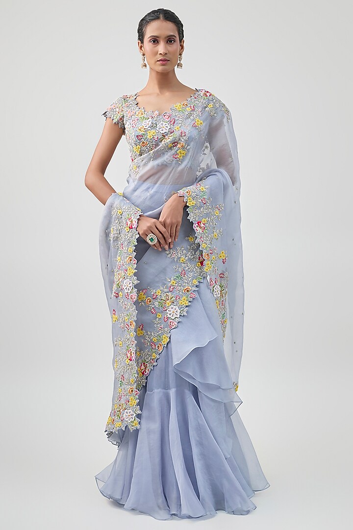 Blue Organza Hand Embroidered Ruffled Saree Set by Anushree Reddy at Pernia's Pop Up Shop