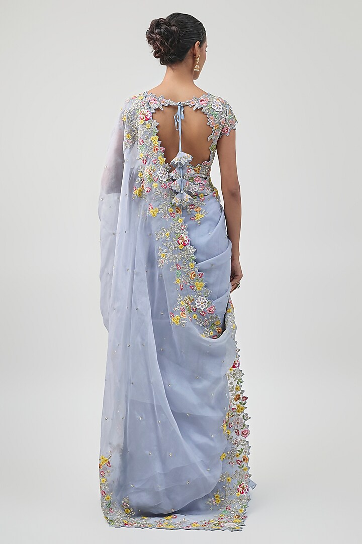 Blue Organza Hand Embroidered Ruffled Saree Set by Anushree Reddy at Pernia's Pop Up Shop