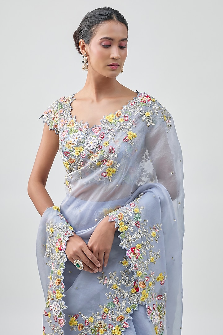 Blue Organza Hand Embroidered Ruffled Saree Set by Anushree Reddy at Pernia's Pop Up Shop