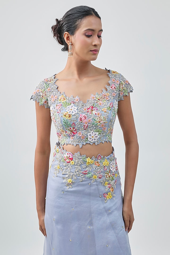Blue Organza Hand Embroidered Ruffled Saree Set by Anushree Reddy at Pernia's Pop Up Shop