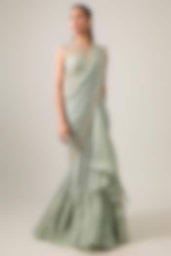 Sea Blue Chiffon Hand Embroidered Ruffled Bridal Saree Set by Anushree Reddy at Pernia's Pop Up Shop
