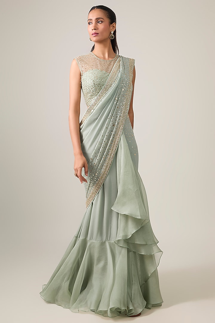 Sea Blue Chiffon Hand Embroidered Ruffled Bridal Saree Set by Anushree Reddy at Pernia's Pop Up Shop
