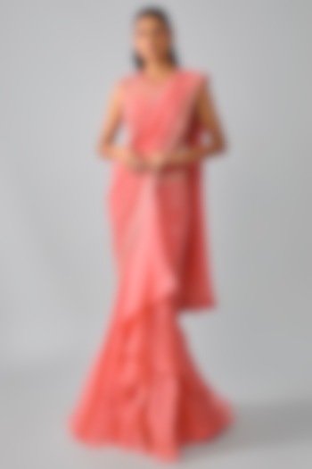 Coral Chiffon & Organza Hand Embroidered Ruffled Bridal Saree Set by Anushree Reddy at Pernia's Pop Up Shop