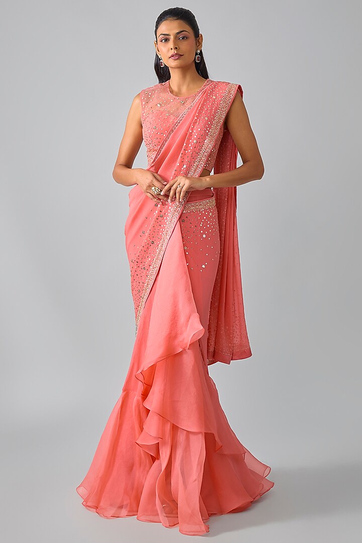 Coral Chiffon & Organza Hand Embroidered Ruffled Bridal Saree Set by Anushree Reddy at Pernia's Pop Up Shop