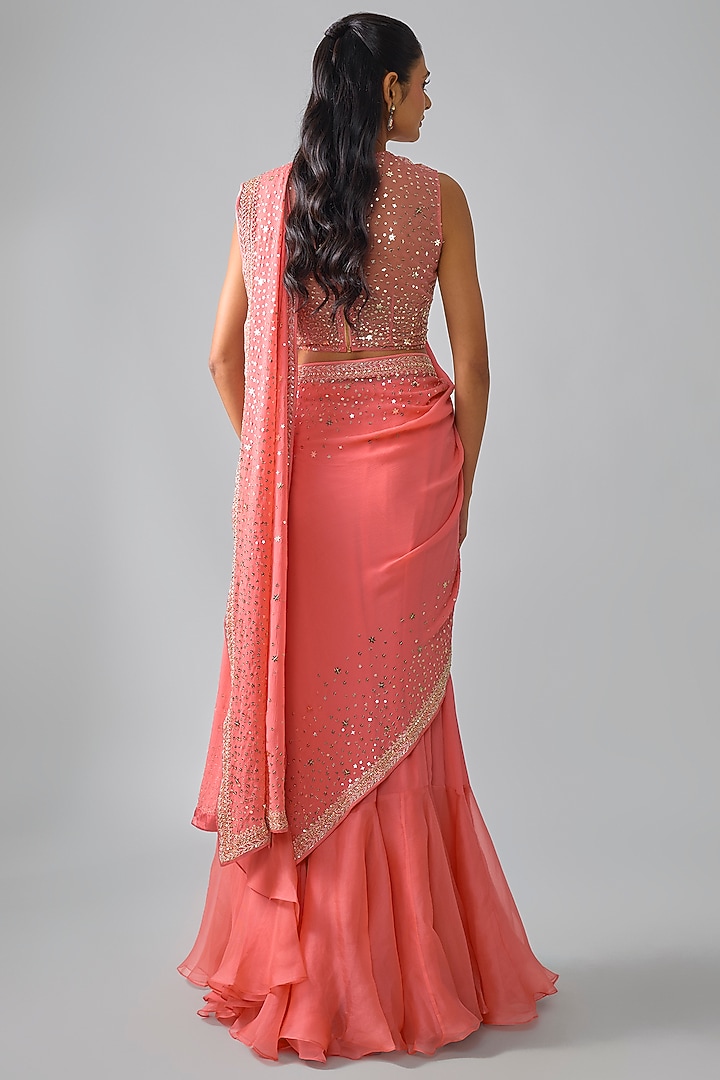 Coral Chiffon & Organza Hand Embroidered Ruffled Bridal Saree Set by Anushree Reddy at Pernia's Pop Up Shop