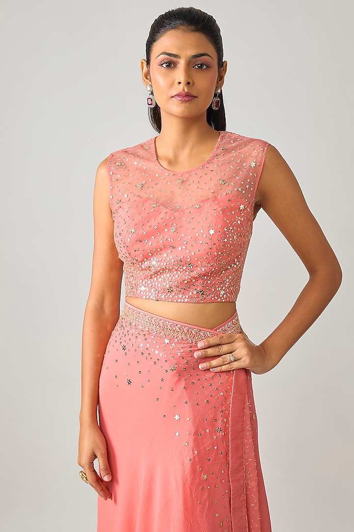 Coral Chiffon & Organza Hand Embroidered Ruffled Bridal Saree Set by Anushree Reddy at Pernia's Pop Up Shop