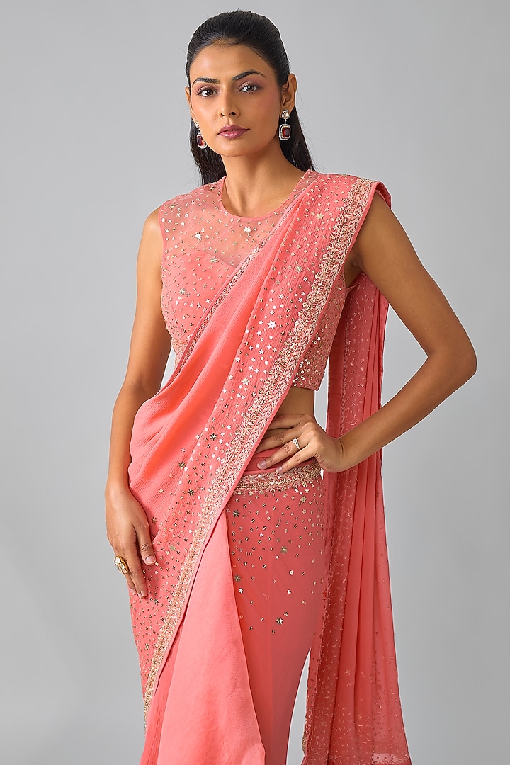 Coral Chiffon & Organza Hand Embroidered Ruffled Bridal Saree Set by Anushree Reddy at Pernia's Pop Up Shop
