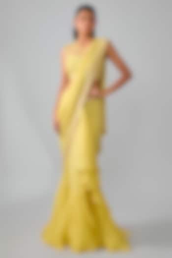 Pale Yellow Chiffon & Organza Hand Embroidered Ruffled Bridal Saree Set by Anushree Reddy at Pernia's Pop Up Shop