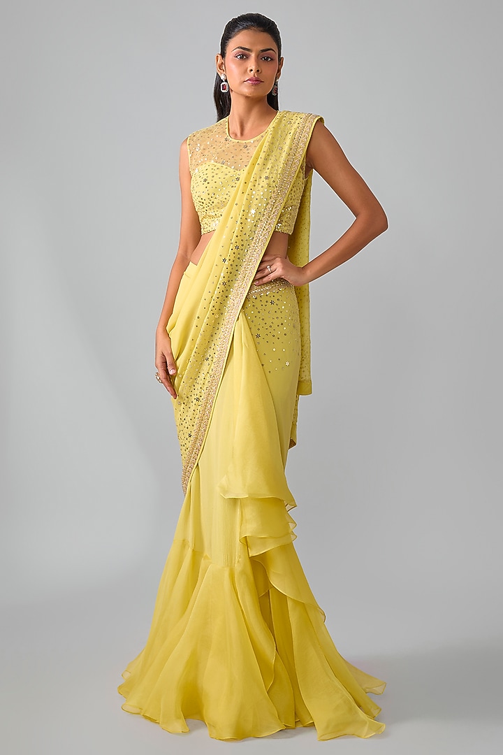 Pale Yellow Chiffon & Organza Hand Embroidered Ruffled Bridal Saree Set by Anushree Reddy at Pernia's Pop Up Shop