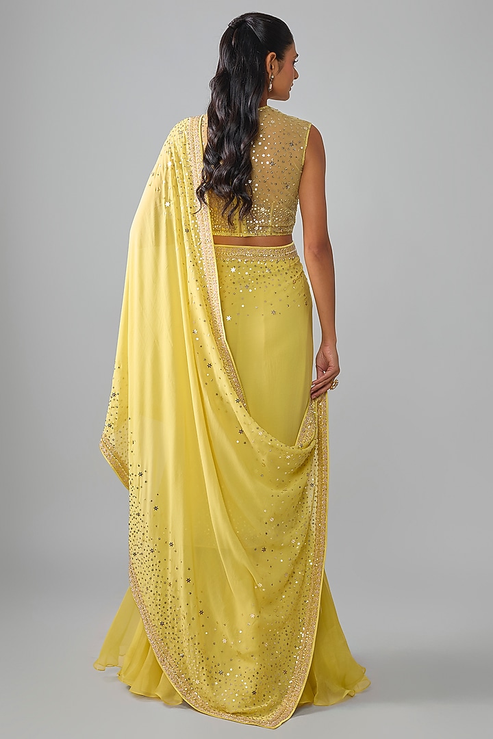 Pale Yellow Chiffon & Organza Hand Embroidered Ruffled Bridal Saree Set by Anushree Reddy at Pernia's Pop Up Shop