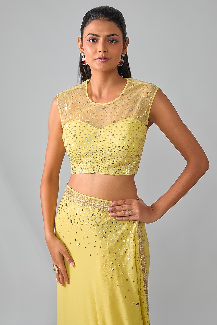 Pale Yellow Chiffon & Organza Hand Embroidered Ruffled Bridal Saree Set by Anushree Reddy at Pernia's Pop Up Shop