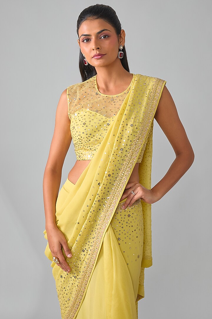 Pale Yellow Chiffon & Organza Hand Embroidered Ruffled Bridal Saree Set by Anushree Reddy at Pernia's Pop Up Shop