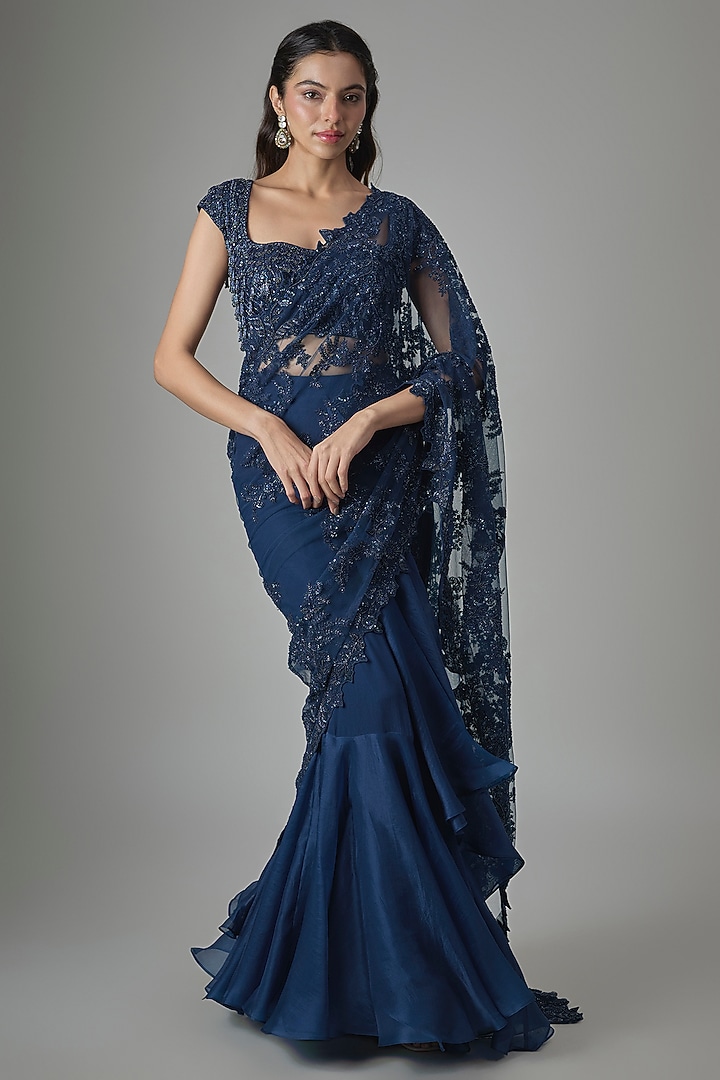 Navy Blue Net Hand & Machine Embroidered Ruffled Bridal Saree Set by Anushree Reddy at Pernia's Pop Up Shop