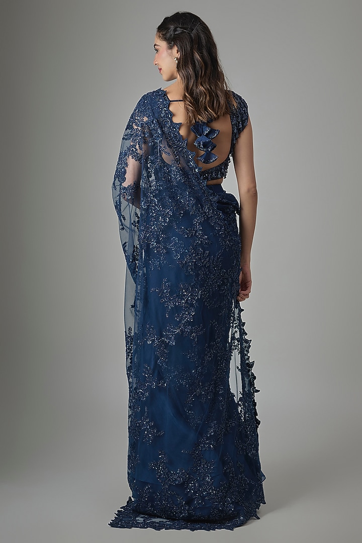 Navy Blue Net Hand & Machine Embroidered Ruffled Bridal Saree Set by Anushree Reddy at Pernia's Pop Up Shop
