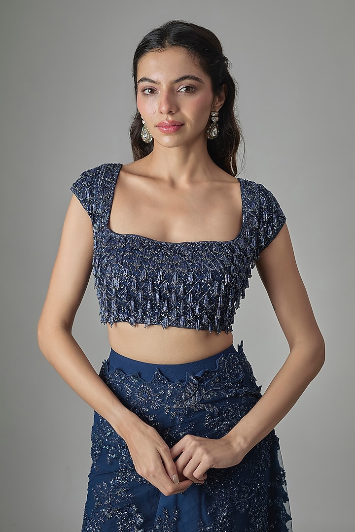 Navy Blue Net Hand & Machine Embroidered Ruffled Bridal Saree Set by Anushree Reddy at Pernia's Pop Up Shop