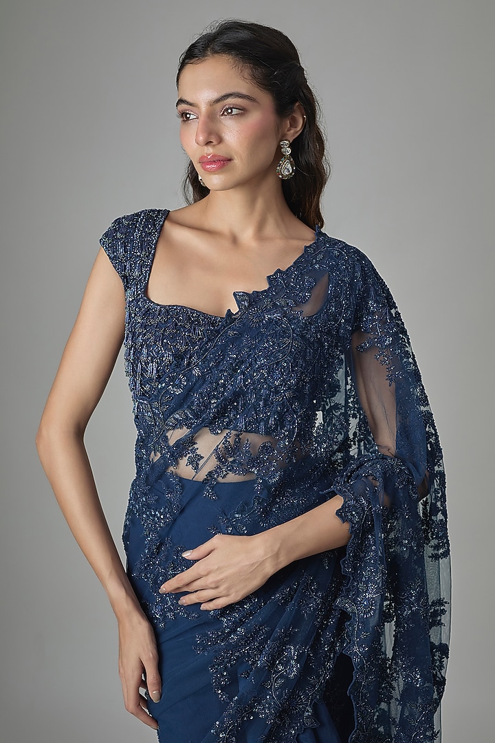 Navy Blue Net Hand & Machine Embroidered Ruffled Bridal Saree Set by Anushree Reddy at Pernia's Pop Up Shop