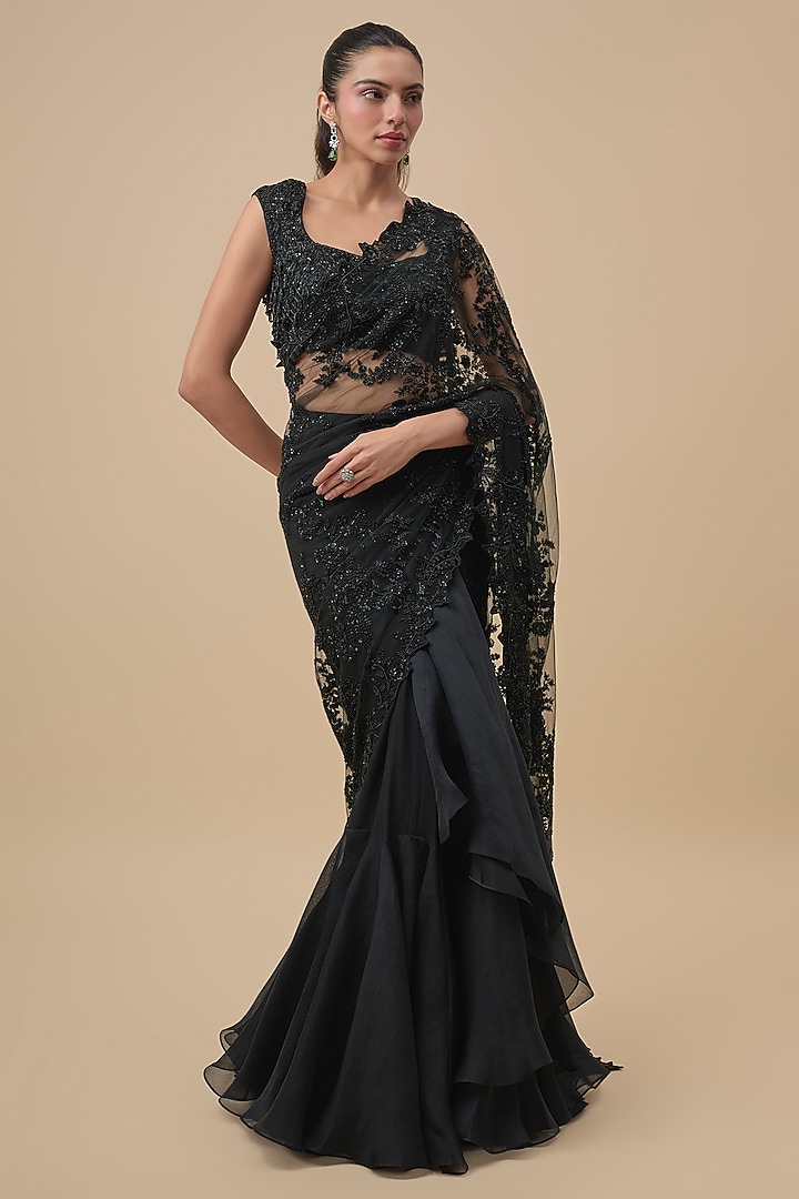 Red Net & Organza Ruffled Bridal Saree Set by Anushree Reddy at Pernia's Pop Up Shop