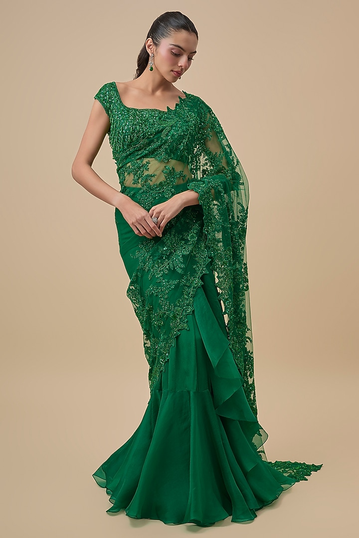Emerald Green Net & Organza Ruffled Bridal Saree Set by Anushree Reddy at Pernia's Pop Up Shop