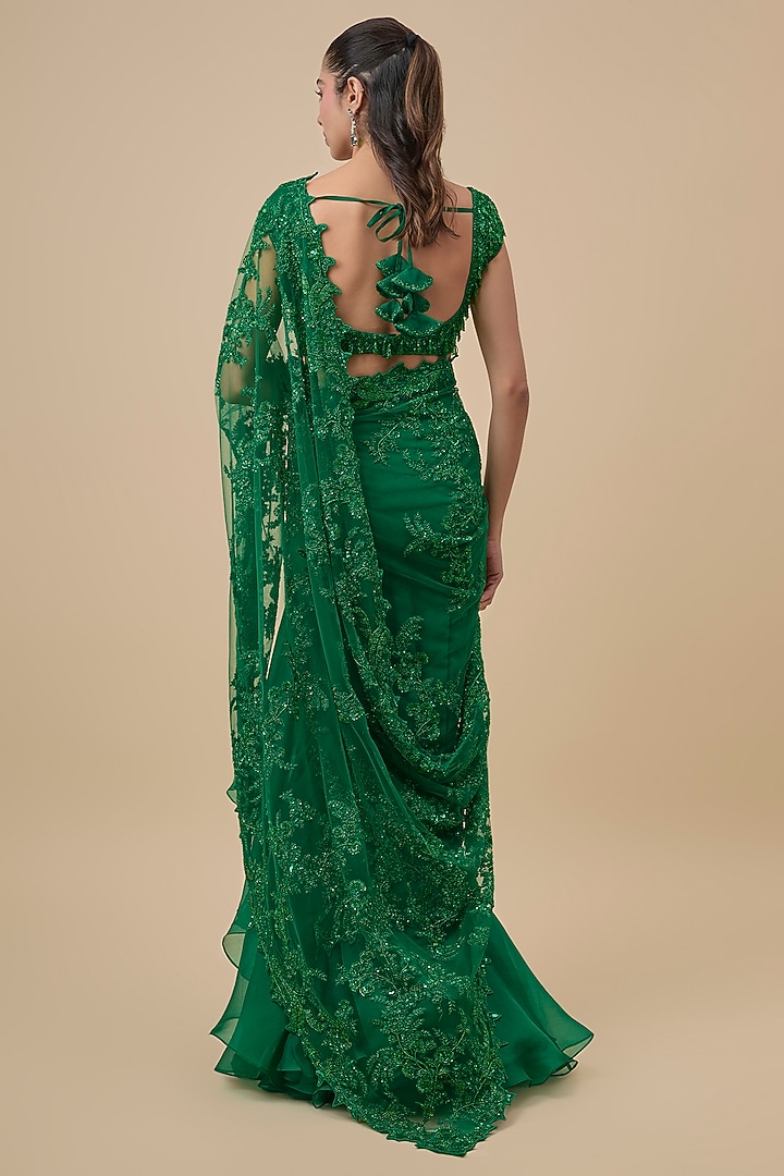 Emerald Green Net & Organza Ruffled Bridal Saree Set by Anushree Reddy at Pernia's Pop Up Shop