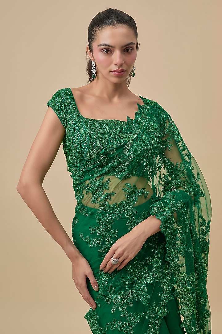 Emerald Green Net & Organza Ruffled Bridal Saree Set by Anushree Reddy at Pernia's Pop Up Shop