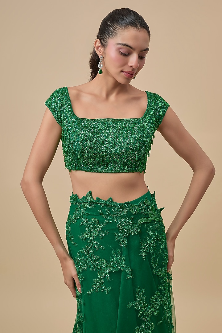 Emerald Green Net & Organza Ruffled Bridal Saree Set by Anushree Reddy at Pernia's Pop Up Shop