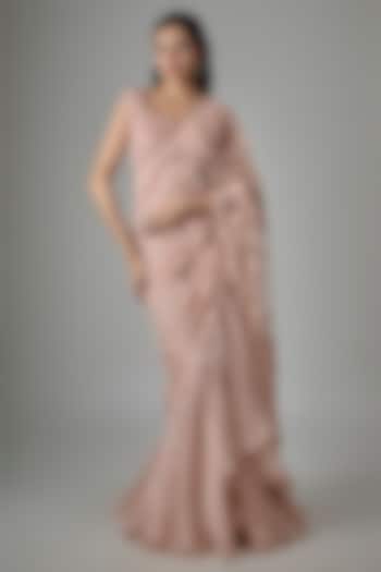 Champagne Net Hand & Machine Embroidered Ruffled Bridal Saree Set by Anushree Reddy at Pernia's Pop Up Shop