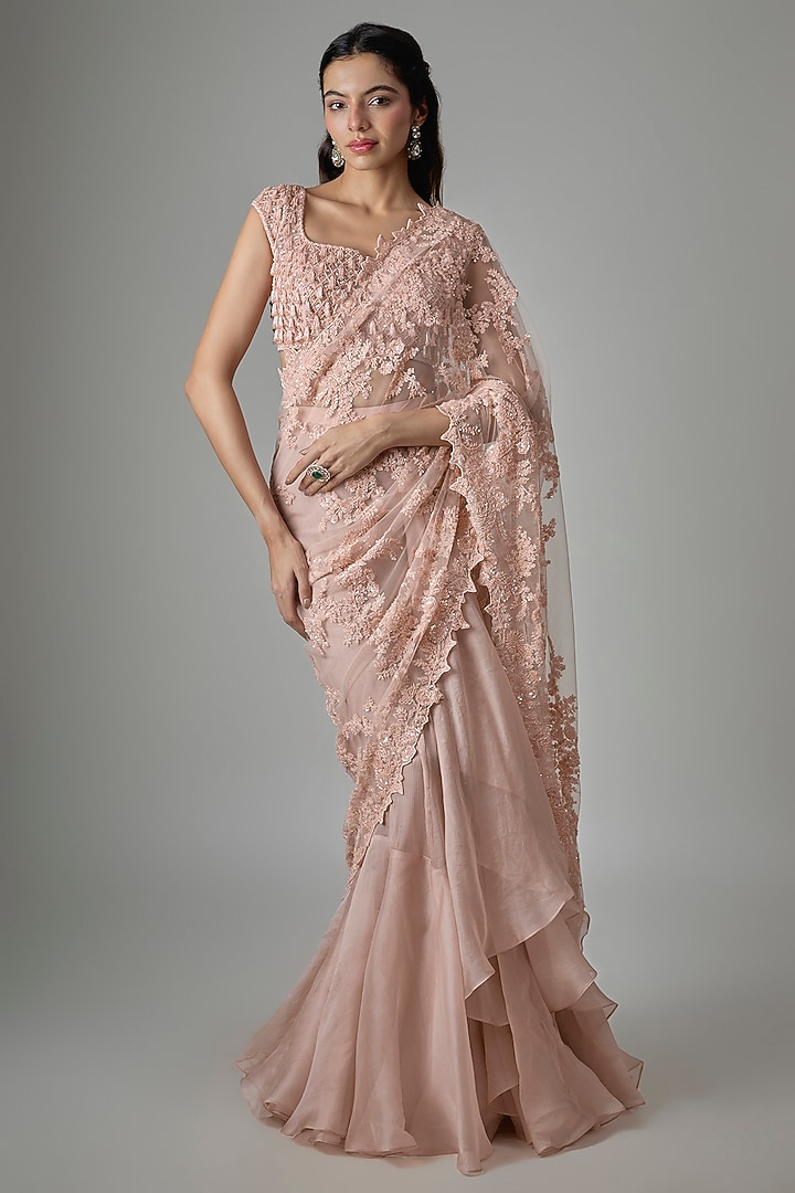Champagne Net Hand & Machine Embroidered Ruffled Bridal Saree Set by Anushree Reddy at Pernia's Pop Up Shop
