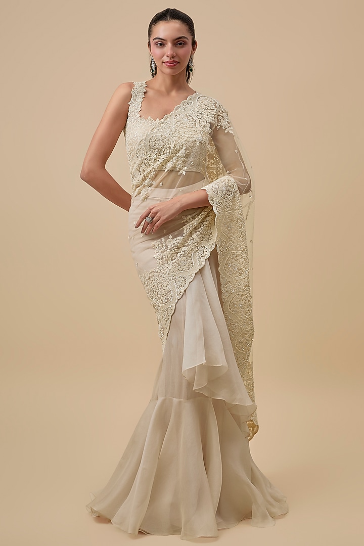 Ivory Net & Organza Ruffled Bridal Saree Set by Anushree Reddy at Pernia's Pop Up Shop