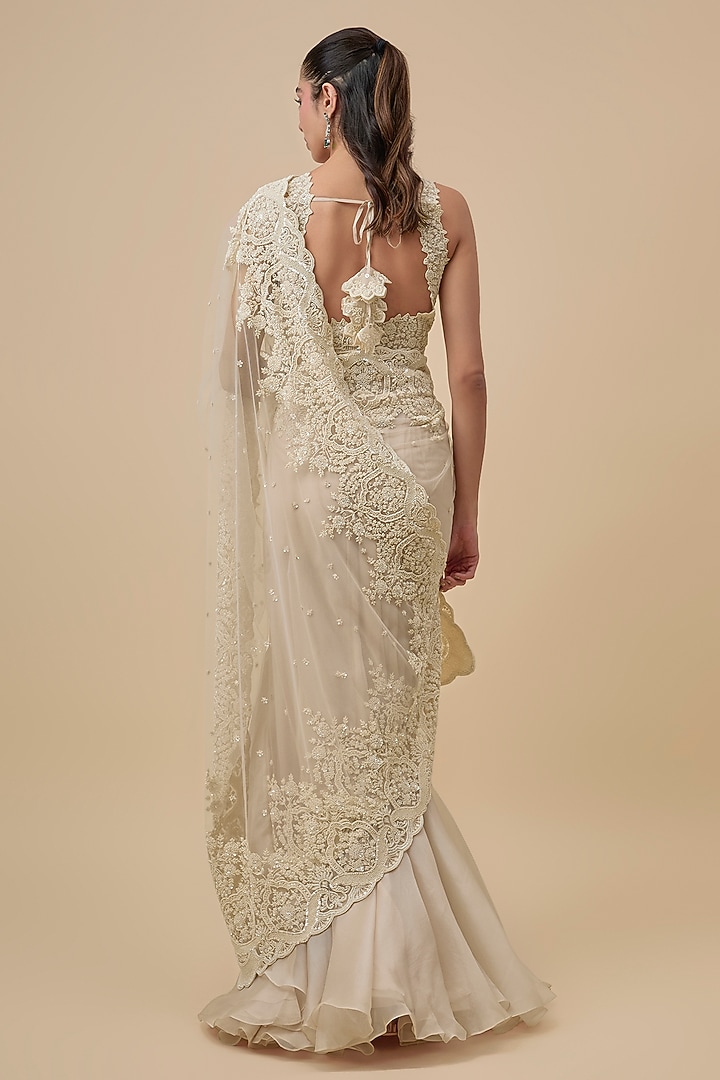Ivory Net & Organza Ruffled Bridal Saree Set by Anushree Reddy at Pernia's Pop Up Shop