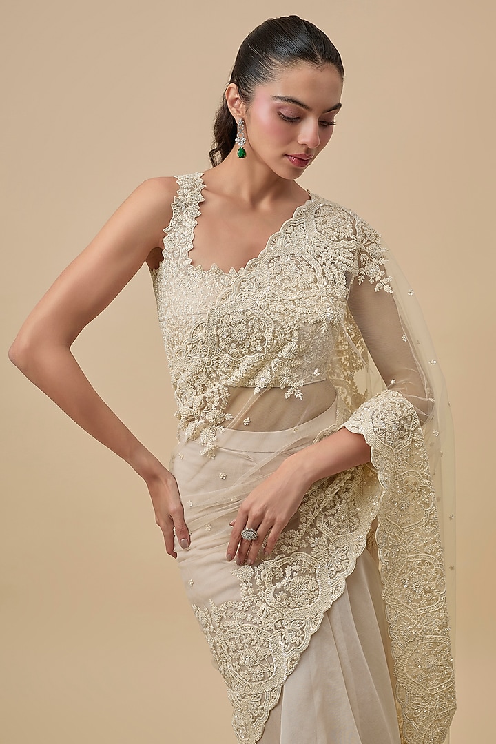 Ivory Net & Organza Ruffled Bridal Saree Set by Anushree Reddy at Pernia's Pop Up Shop