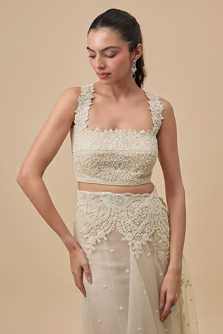 Ivory Net & Organza Ruffled Bridal Saree Set by Anushree Reddy at Pernia's Pop Up Shop