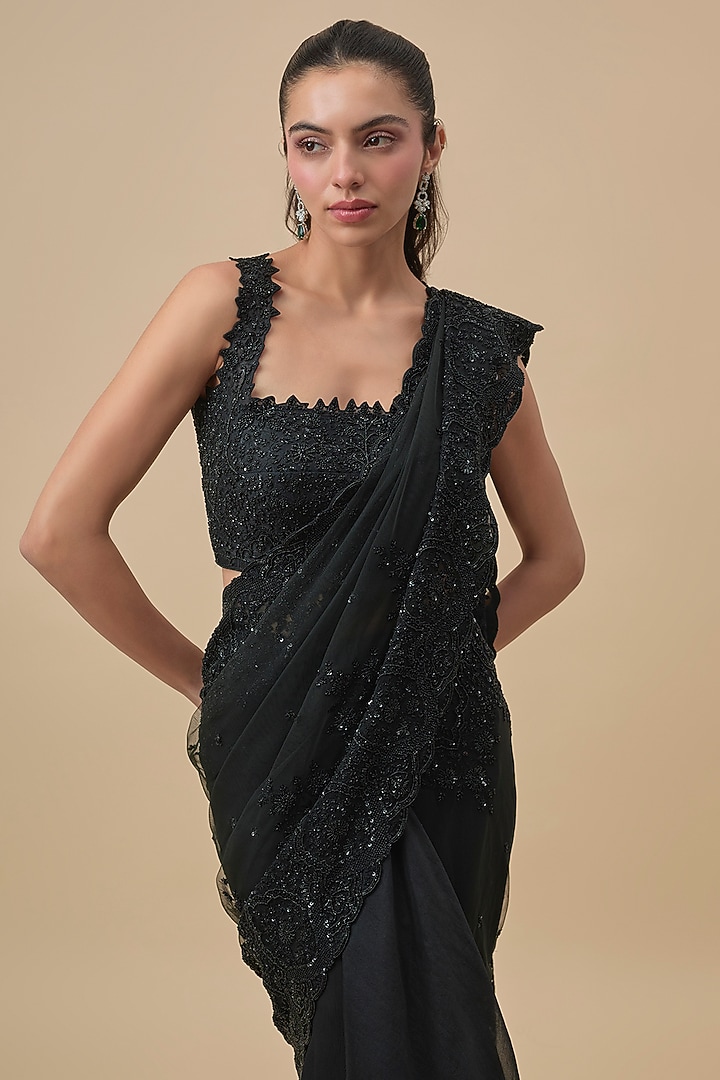 Black Net & Organza Ruffled Bridal Saree Set by Anushree Reddy at Pernia's Pop Up Shop