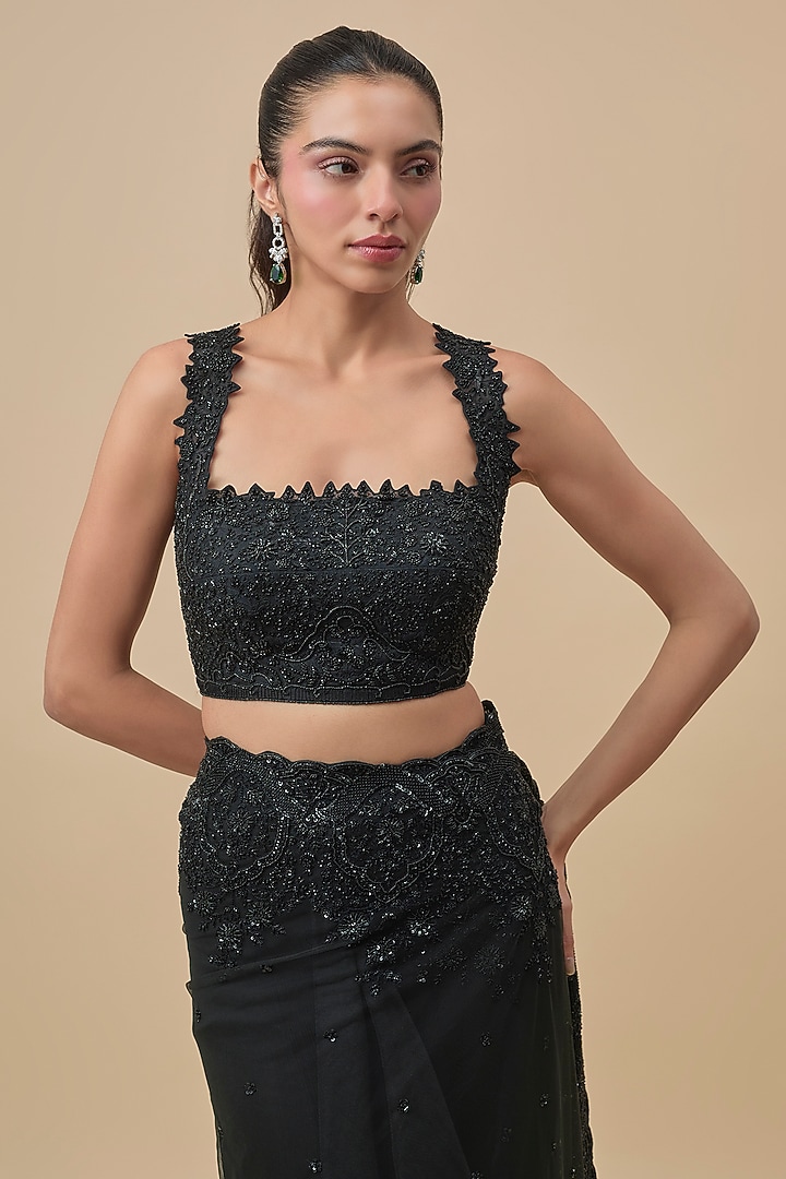 Black Net & Organza Ruffled Bridal Saree Set by Anushree Reddy at Pernia's Pop Up Shop