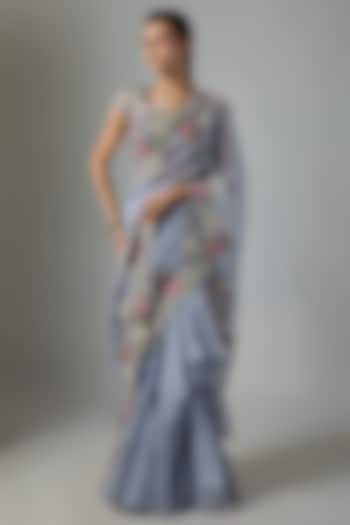 Blue Organza & Chiffon Embroidered Ruffle Bridal Saree Set by Anushree Reddy at Pernia's Pop Up Shop