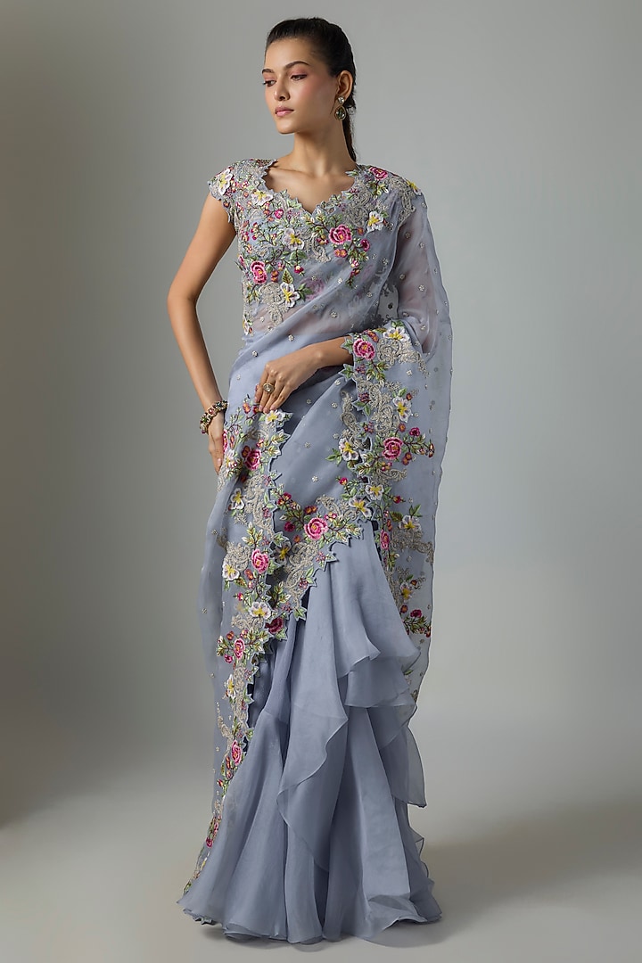 Blue Organza & Chiffon Embroidered Ruffle Bridal Saree Set by Anushree Reddy at Pernia's Pop Up Shop