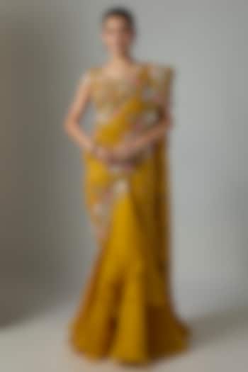 Mustard Organza & Chiffon Embroidered Ruffle Bridal Saree Set by Anushree Reddy at Pernia's Pop Up Shop