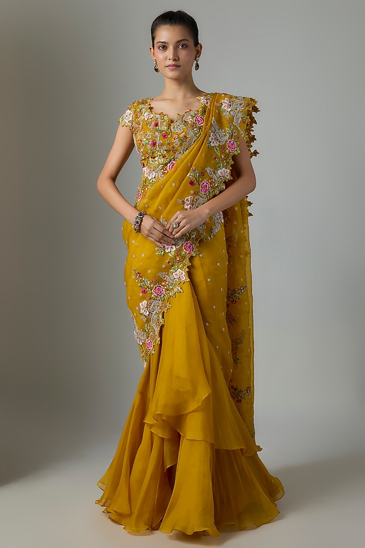 Mustard Organza & Chiffon Embroidered Ruffle Bridal Saree Set by Anushree Reddy at Pernia's Pop Up Shop